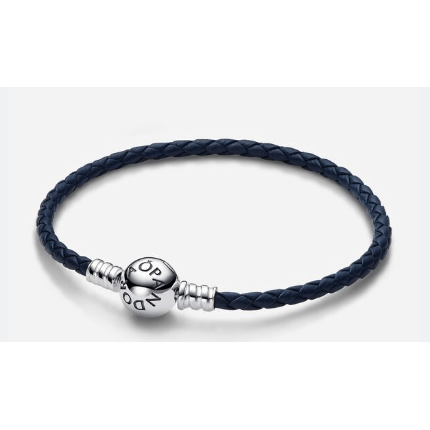 Pandora Moments Round Clasp Blue Braided Leather Bracelet 592790C01-S3